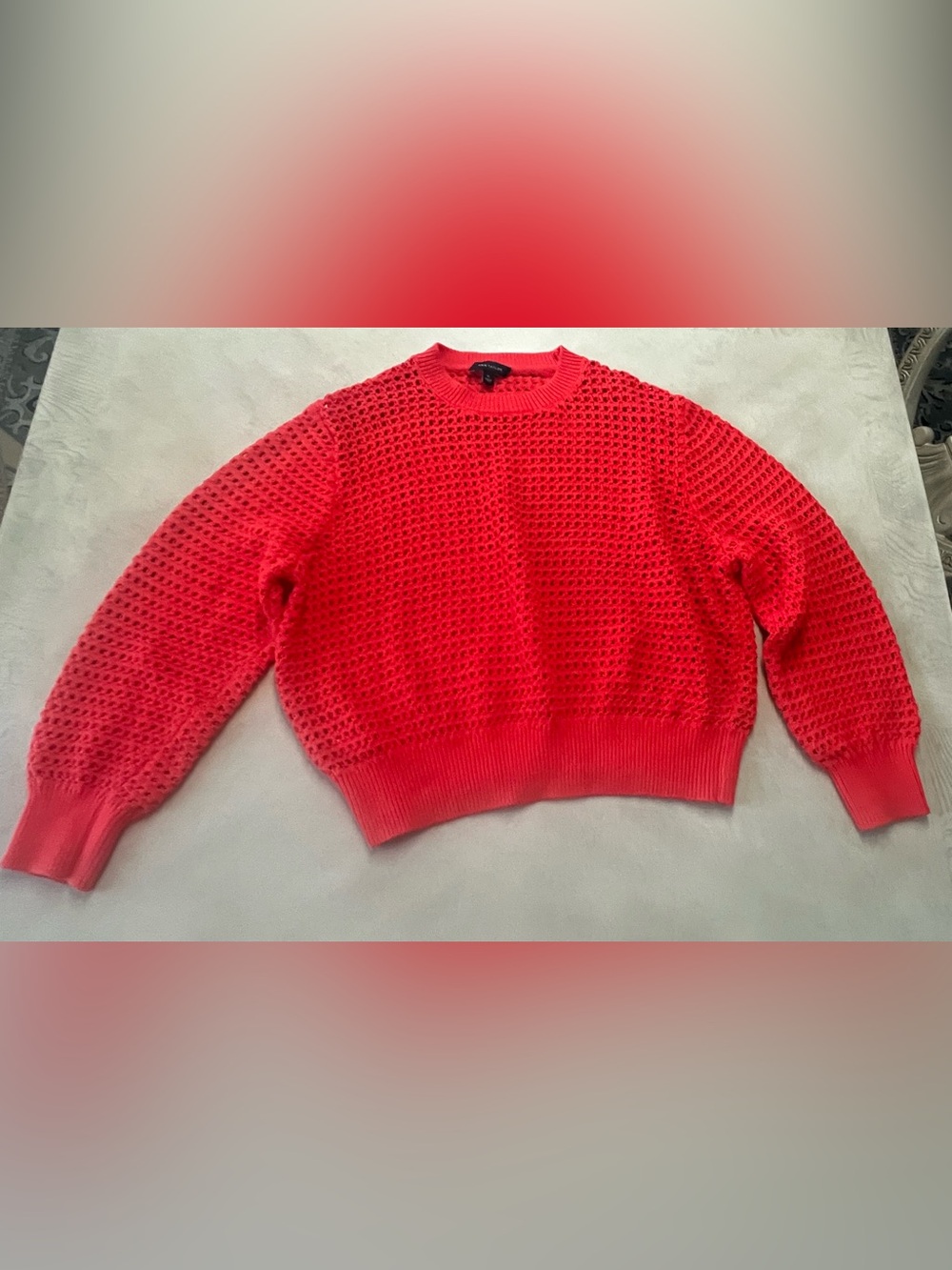 Ann Taylor Open Knit Crochet Crewneck drop shoulder Coral Red Sweater Size XL